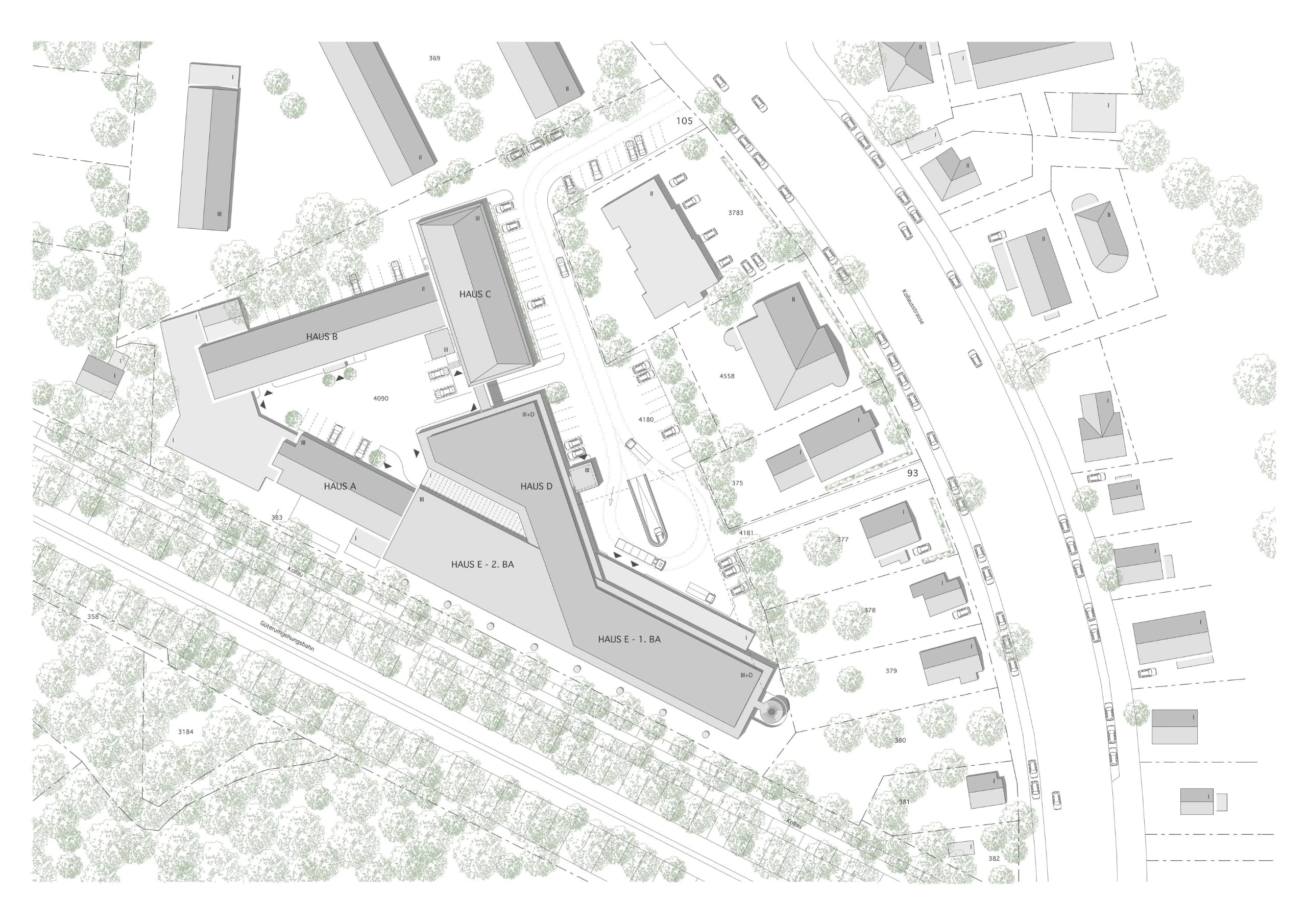 Site plan with access roads, rows of trees and neighboring buildings